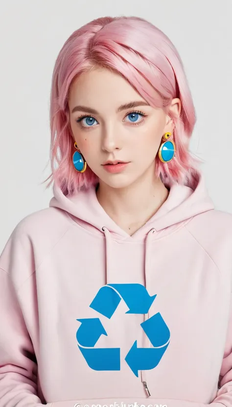 Mika Picazzo, 1 Girl, blue eyes, blue hoodie, computer, earrings, hood, hoodie, Jewelry, keyboard (computer), Logo, Logo parody, mouse (), Colorful eyes, Pink Hair, Recycle Bin, Solitary, White background, Yellow eyes, , 