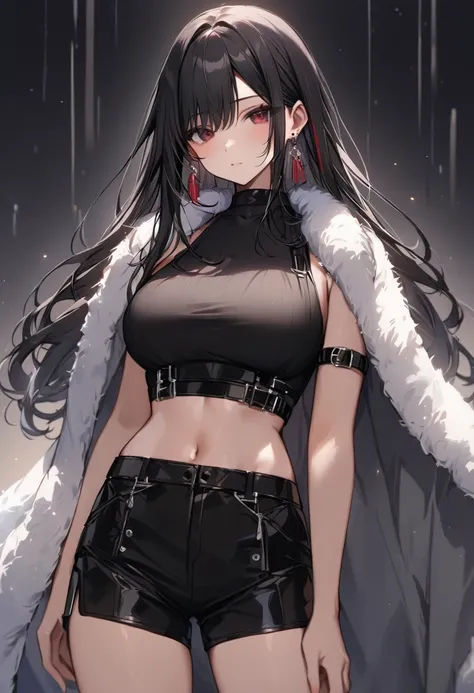 masterpiece, best quality, 1girl, solo, adult, black hair, long hair, the hair has red streaks around it, earrings, red black eyes, detailed face, black crop top, large breasts, shorts, arm belt, infront of viewer, empty look, fur cloth on the shoulders