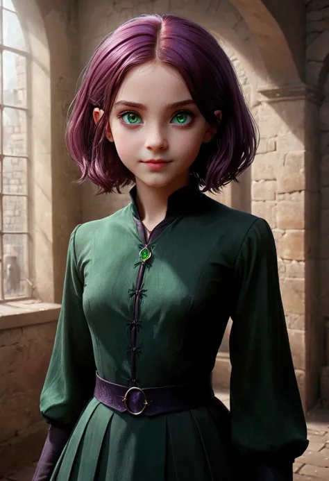 daughter of severus snape, (best quality,4k,8k,highres,masterpiece:1.2),ultra-detailed,realistic,portrait of a beautiful 10-year-old teen Witchs outfit, Anime-style portrait of a teen-ager girl with a deep violet bob cut, (green eyes), bright eyes, baby-fa...