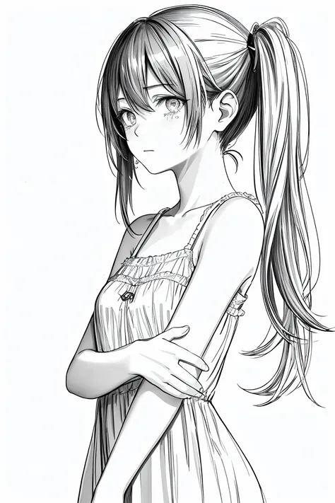 masterpiece,, One Girl, alone, short, White Background, Monochrome, Line art, ((sketch))、Look forward、Wear a nightgown、Are crying、Arms folded in front of chest、Side Ponytail、