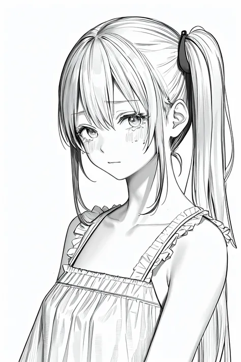 masterpiece,, One Girl, alone, short, White Background, Monochrome, Line art, ((sketch))、Look forward、Wear a nightgown、Are crying、Arms folded in front of chest、Side Ponytail、