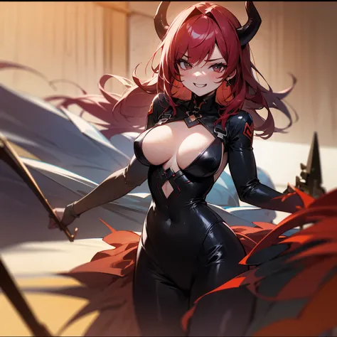 high resolution、Sexy Devil、breasts are medium size。
It has large horns on its head、Smile invincibly。In brutality、Having a mocking look on one&#39;s face。