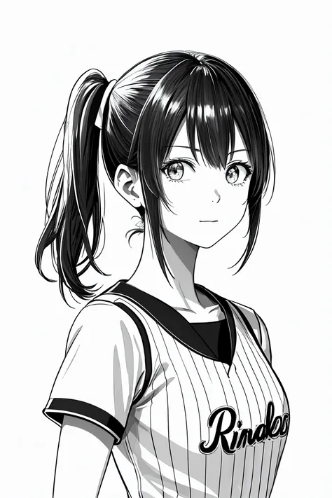 masterpiece,, One Girl, alone, short, White Background, Monochrome, Line art, ((sketch))、Look forward、Wear a baseball uniform、Rin々A funny expression、Arms folded in front of chest、Side Ponytail、