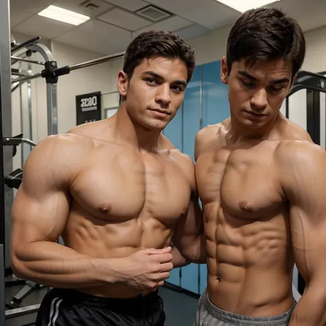 Muscular man with a 15-year-old at the gym