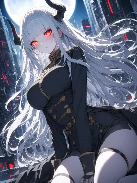 Masterpiece, very detailed, ultra detailed, one, (1 woman), she is in an ancient black military uniform, and in an elegant position, long hair, bright white hair, snow-white hair and straight bangs, white demonic horns, beautiful, charming, bright red eyes...