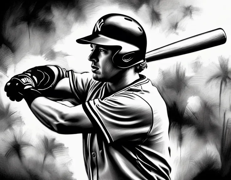 charcoal work of art, ((using only black, white and yellow:1.5)) masterpiece, a baseball player hitting a home run in baseball g...