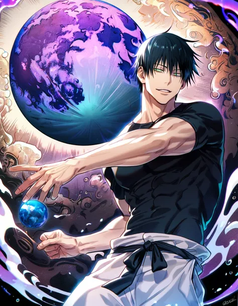 Ultra detailed, HDR, Highres, absurdres, master piece, Fushiguro Touji, black hair, expressive green eyes, Jujutsu Kaisen, handsome, sexy man, solo, black tight shirt, purple aura, handsome smile, best quality, blue moon, 8K, white baggy pants