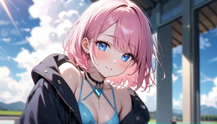 (1 girl),(Best Picture Quality, 8K, Masterpiece:1.3), (high school student:1.5), ((pink lob hair:1.1)), (bob cut),(swept bangs), (cute eyes, pupil black, iris skyblue, youthful face), (mole under right eye), (standard weight), (small breasts), (glistening ...