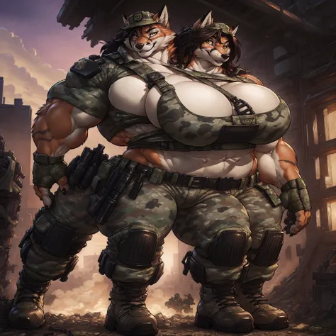 solo, 1girl, fox, female, broad shoulders, stocky build, buff, muscular, huge breasts, gold eyes, highly detailed eyes, long snout, Amazon, powerful figure, wearing camouflage_uniform, (urban uniform:1.2), military camp, rolled sleeves, shirt, trousers, cl...