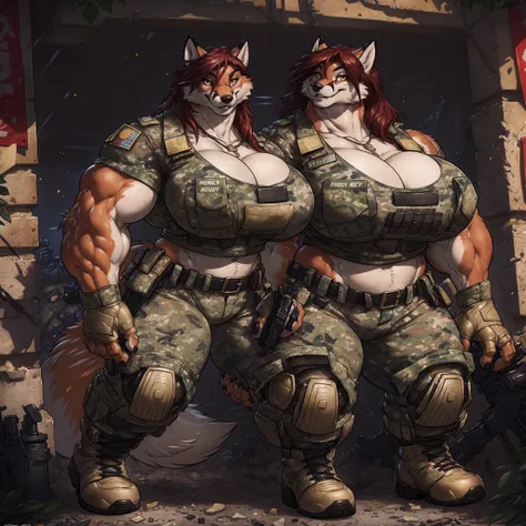 solo, 1girl, fox, female, broad shoulders, stocky build, buff, muscular, huge breasts, gold eyes, highly detailed eyes, long snout, Amazon, powerful figure, wearing camouflage_uniform, (urban uniform:1.2), military camp, rolled sleeves, shirt, trousers, cl...