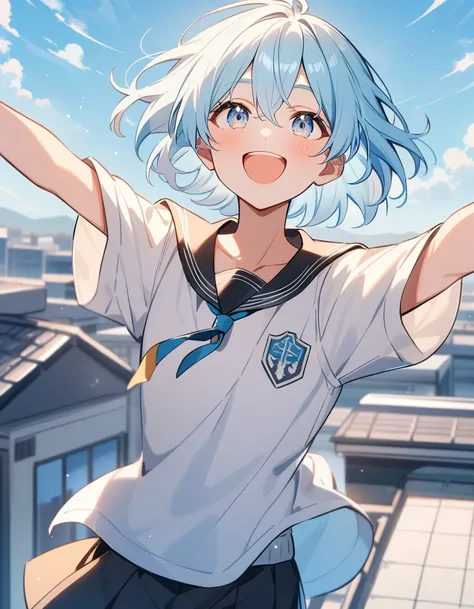 only one people, high school boy, , light blue hair, silver eyes, black eyebrows, school rooftop, arms outstretched, look up at the sky and smile and shout