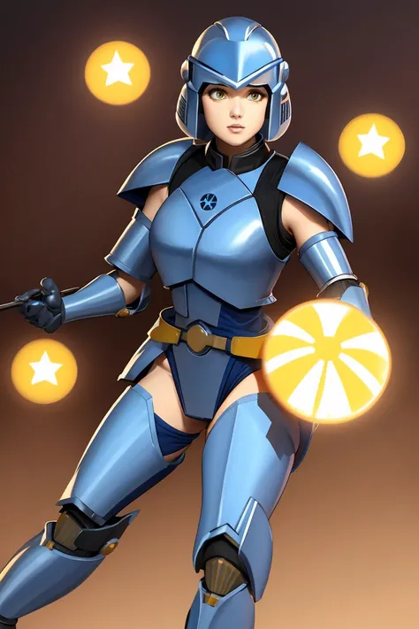 Beautiful woman with dark blue hair, short hair, yellow eyes, clone trooper armor, star wars, clone wars Battle background, 501st legion armor 