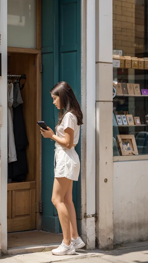 A girl is standing at a shop and using her mobile phone