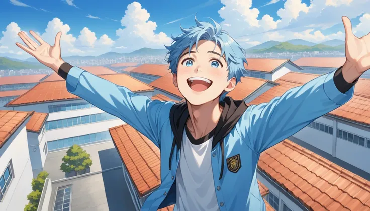 only one people, high school boy, , light blue hair, silver eyes, black eyebrows, school rooftop, arms outstretched, look up at the sky and smile and shout