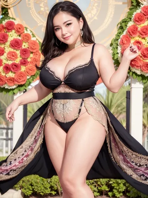 A beautiful and hot almost chubby mature woman.who is wearing a patterned short dress and is and standing in the park. A smiling face、sexy woman、A radiant smile、adorable、race、Frills、Colorful design、Full-length mirror、An inviting gaze、Gorgeous long and beau...