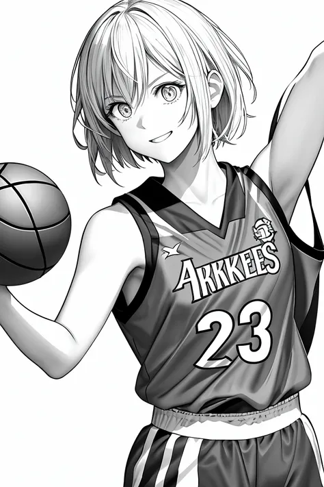 masterpiece,, One Girl, alone, short, White Background, Monochrome, Line art, ((sketch))、Look forward、Wear a basketball uniform、fun　expression、With arms outstretched、Bob Hair