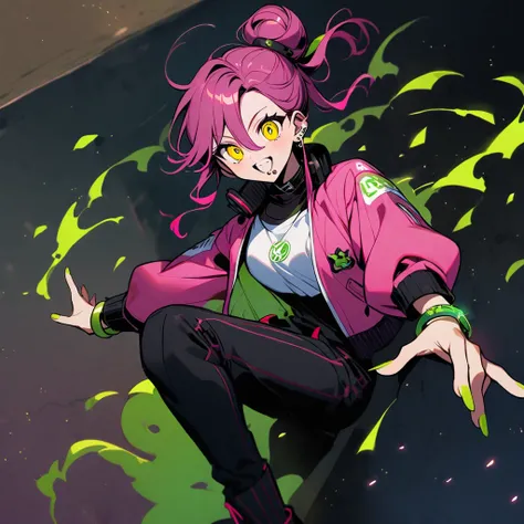 (well done: 1) man, dark pink long curly hair tied in a bun, yellow eyes, mouth piercing, green bracelet, green nails, white t-shirt with a symbol in the middle, pink jacket, black pants, high boots.