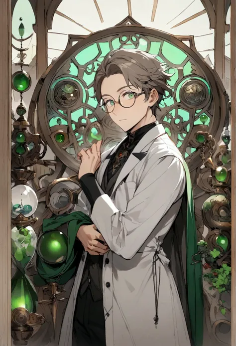 Green-eyed scientist male with short gray-brown hair and black round glasses