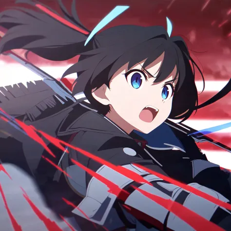 girl, anime, warrior, short hair with red and blue lines, pretty eyes, black hair, full leather, YOUNG, with a fringe in front, epic, with pigtails, warrior clothing