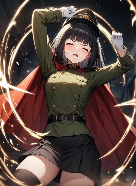 (masterpiece, best quality, very aesthetic, absurdres:1.2), game cg, 1girl, solo, black hair, long hair, straight hir, blunt bangs, hime cut, closed eyes, (black millitary jacket:1.2), red cape, (black millitary hat, black skirt:1.2), black thighhighs, bla...