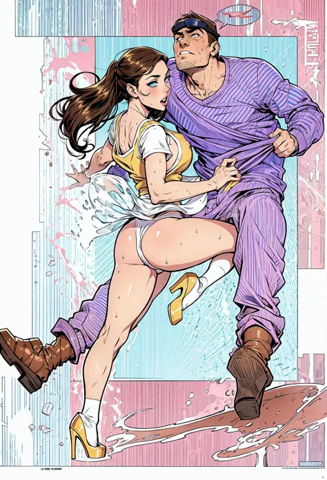 1 man 1 girl ;Sexy Manga comic sensual girl brunette blue eyes wet white t-shirt V-neckline, school miniskirt and high heel boots, she is squeezing a man in his groin, a big cock, big balls burst(NSFW)(Bigboob)(Very detailed) (conceptual art) (Manga) (chee...