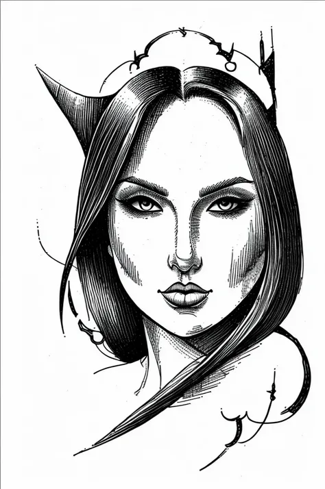 penSketch_style, ink sketch, ((masterpiece, best quality)), close-up portrait, a woman removing a demon mask, horror, horror, 2d, masterpiece, best quality, highly detailed.