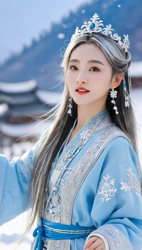 The best texture, high quality, Ultra HD, 8K, full-body shot, Panorama, snow, flying snowflakes, dancing in the snow, girl, Full of Miao silver ornaments, Miao clothing, Silver Phoenix Crown, Oval face, Ultra-fine face, blue eyes, Long eyebrows, White skin...