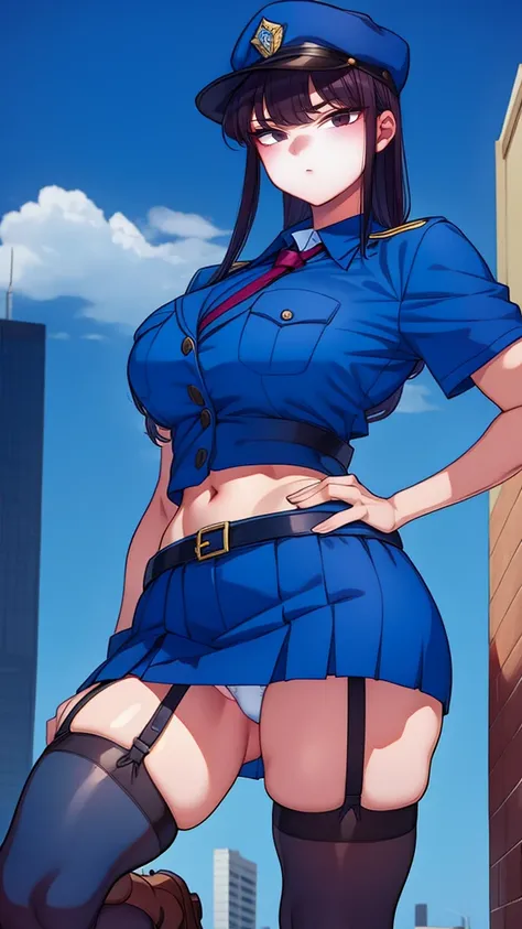 a cartoon character in a sexy suit posing on the street with a bush, police officer, police uniform, 1 girl, police woman, shirt, skirt, hat, tie, police cap, blue eyes, gloves, breasts, purple hair very dark, thighs, solo, navel, garter straps, looking at...