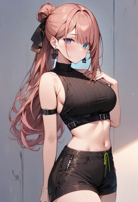 masterpiece, best quality, 1girl, solo, adult, brown pink hair, long hair, hair tied at the back right and left, earrings, right eye pink left eye green blue, detailed face, black crop top, large breasts, shorts, stocking, arm belt, infront of viewer, empt...