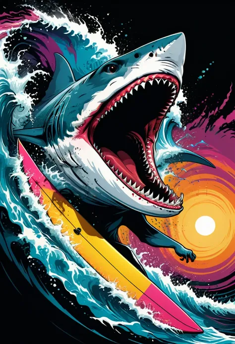 Circular vector art of a colorful illustration surfer surfing, shark with furious open mouth, UHD, High detail in 32k, background with black border (artwork, best quality, professional, perfect composition, very aesthetic, absurd, Super detailed, Intricate...