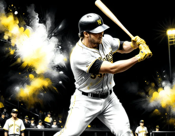 charcoal work of art, ((using only black, white and yellow:1.5)) masterpiece, a baseball player hitting a home run in baseball g...