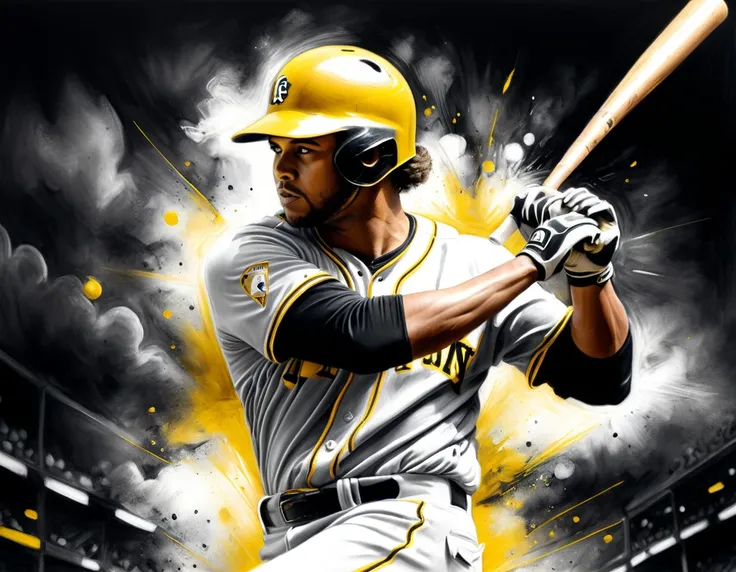 charcoal work of art, ((using only black, white and yellow:1.5)) masterpiece, a baseball player hitting a home run in baseball g...