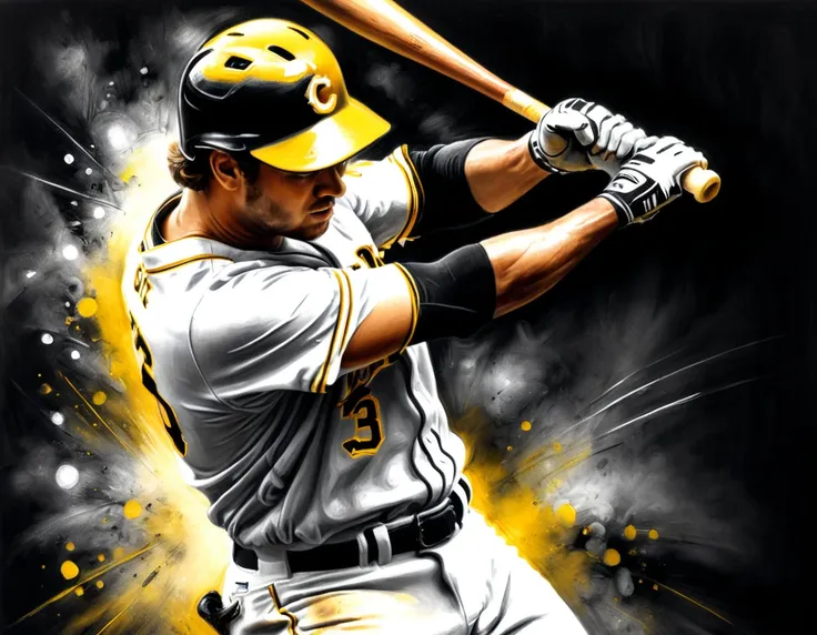 charcoal work of art, ((using only black, white and yellow:1.5)) masterpiece, a baseball player hitting a home run in baseball g...