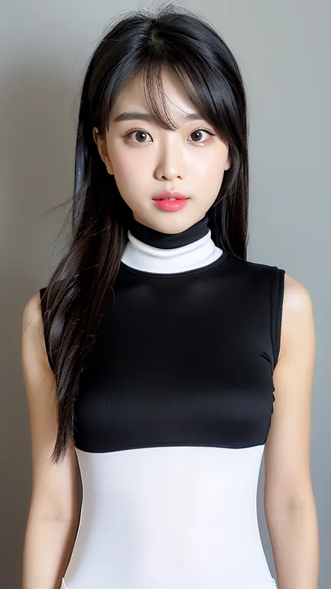 vivid,Normal chest,((between legs)),cute,(Detailed face),Sharp Eyes,Turtleneck sleeveless sporty lightweight(black and white plastic)Clothes,Ultra-high resolution,（Photorealistic：1.7）,Black long hair,Gray background,