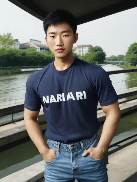 ((realistic daylight)) , young korean man in a navy blue t-shirt and jeans., a handsome, muscular young asian man looks at the c...