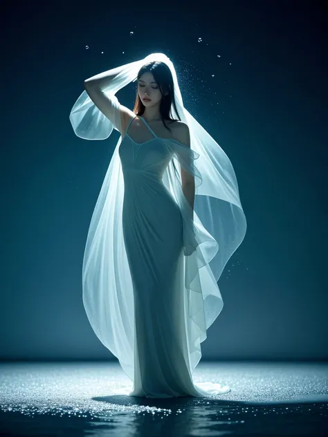 Young woman wearing a dress entirely made of transparent flowing water. Fluid, cascading gown with dynamic water movement. creating a mesmerizing blend of flowing liquid and delicate bubble structures. Dynamic poses, dancing, Shimmering, iridescent water s...