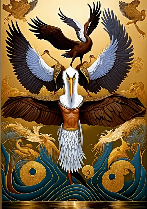 Brown heron chimera man, man with open arms wearing eagle wings, man dressed as a heron,  open wings put behind man&#39;s arms, bird Man, brown feathers and majestic wings, pesoco painted white and dark brown, angry face heron, fundo cinza