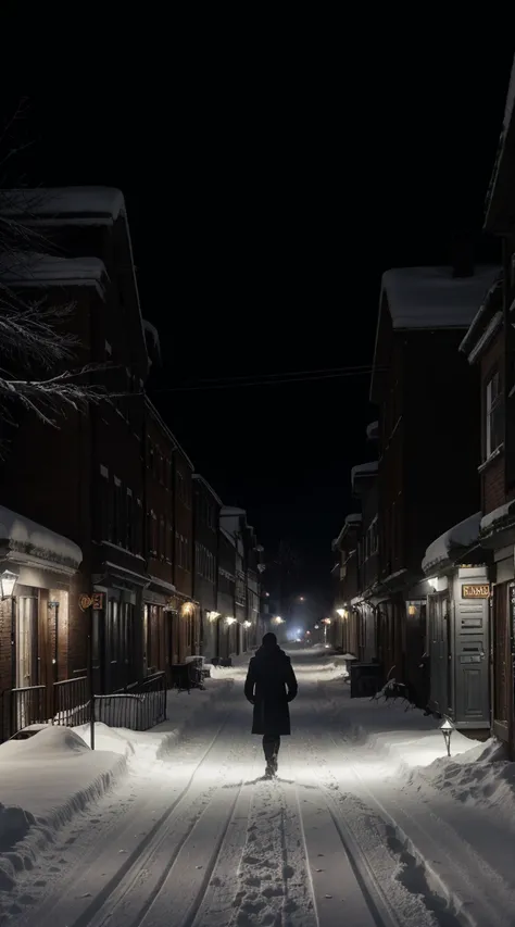 A man walks alone through a snowy path in a quiet, dark hill town. The scene is lit by dim, flickering street lamps casting long shadows on the snow. Snowflakes dance in the air, and dense trees line the path, adding to the eerie, otherworldly atmosphere. ...