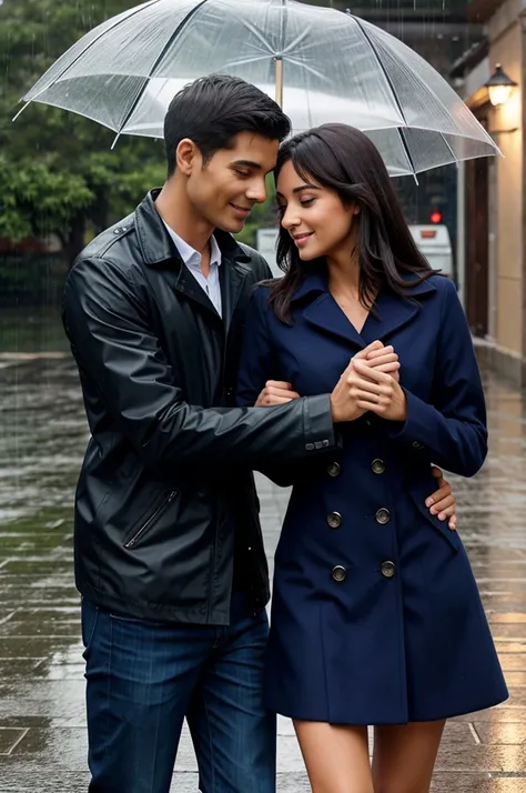 Romantic couple in rain 
