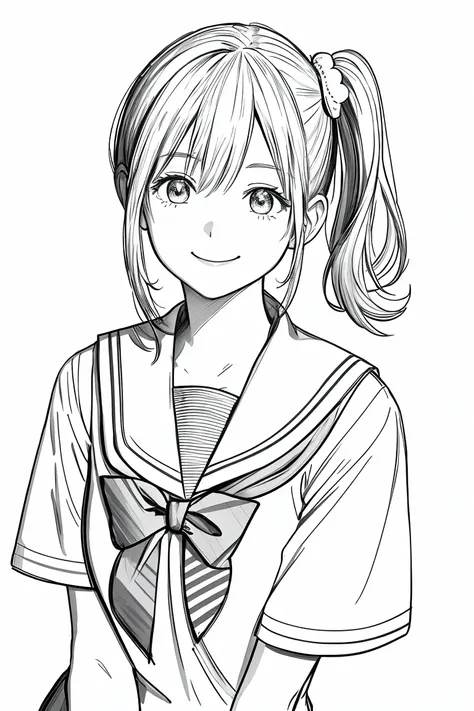 masterpiece,, One Girl, alone, short, White Background, Monochrome, Line art, ((sketch))、Look forward、Wear a sailor uniform、smile、Touching cheek、Side Ponytail、Wink、Mouth open