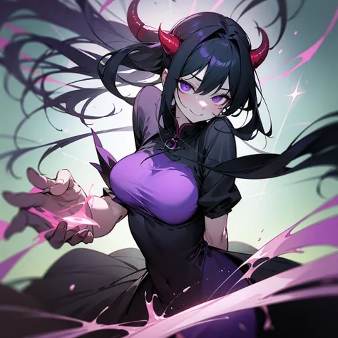 High resolution、Sexy Devil！Appearing from the Demon World！The eyes are sharp、A demon that devours people&#39;s souls。
He has a suspicious smile。
Around her、Many souls are floating。
Overall purple、green、In black color