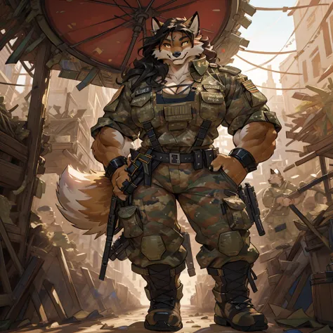 solo, 1girl, fox, female, broad shoulders, stocky build, buff, muscular, huge breasts, gold eyes, highly detailed eyes, long snout, Amazon, powerful figure, wearing camouflage_uniform, (urban uniform:1.2), military camp, rolled sleeves, shirt, trousers, cl...