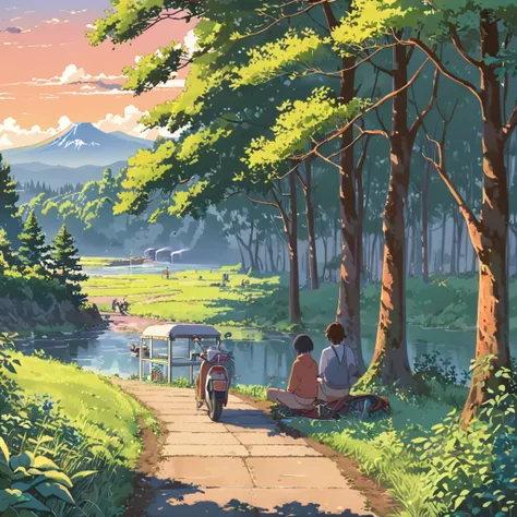 (((park by the river))), ((anime:1.4,illustration)),(masterpiece, top quality, best quality),(ultra-detailed, absolutely resolution),((16k, high res)). BREAK {lofi art, style of Laurie Greasley, style of Makoto Shinkai, anime aesthetic}