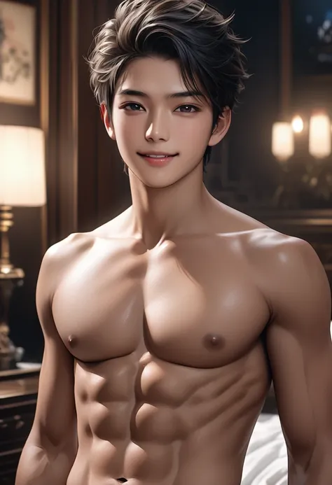 high quality, detailed, Realistic,(two 17 years old tanned japanese idol boys:1.3), (detailed black eyes), (black short hair), (abs), (tanned dark brown skin), night palace bedroom, (black tiny thong), (bulge), (detailed nipples), detailed areola,best qual...