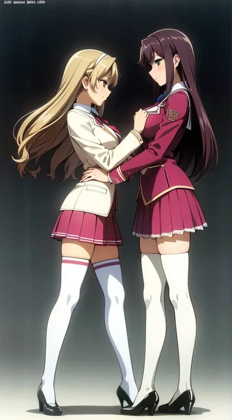 Masterpiece, high quality, 2girls, duo, identical twins, identical sisters, brown hair, curly hair, matching hairstyles, hazel eyes, medium sized bust, (school uniform, sexy school uniform, blazer, lace section, ribbon, rainbow short skirt, white thigh-hig...