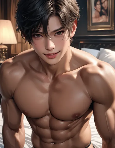 high quality, detailed, Realistic,(2boys:1.5), (17 years old tanned japanese idol boys), (detailed black eyes), (black short hair), (muscle:1.5), (tanned dark brown skin), night palace bedroom, (black tiny thong), (bulge), (detailed nipples), detailed areo...