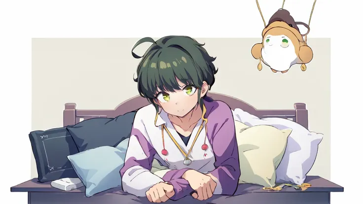 (masterpiece), short hair, green hair, golden eyes, laugh, pajamas, ahoge, dehisce, bare foot, pillow, black hair, in the stomac...