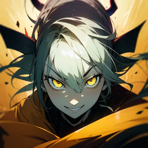 High resolution、 Devil！Appearing from the Demon World！The eyes are sharp、A demon that devours people&#39;s souls。
He has a suspicious smile。
green、black、In yellow color！