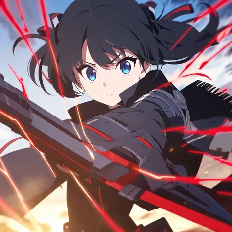 girl, anime, warrior, short hair with red and blue lines, pretty eyes, black hair, full leather, YOUNG, with a fringe in front, epic, with pigtails, warrior clothing