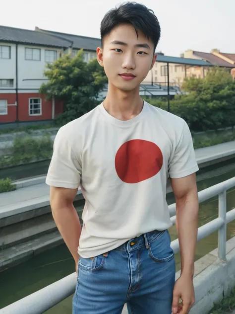 ((realistic daylight)) , Young Korean man in a green t-shirt Denim shirt, jeans, A handsome, muscular young Asian man looks at the camera. In a simple t-shirt blue and red , Along the canal ,turn sideways